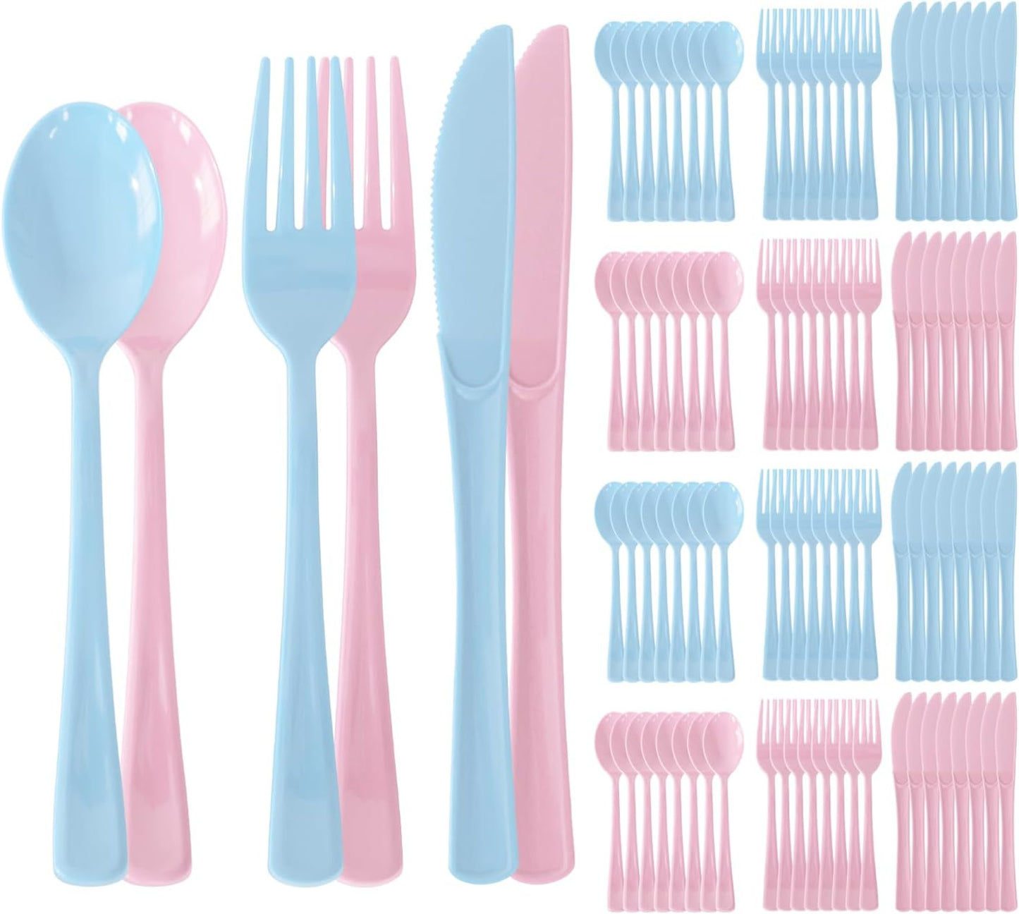 150 Pack Plastic Silverware,Disposable Cutlery Set Heavy Duty Utensil Sets 50 Forks 50 Knives 50 Spoons for Brithday, Wedding,Home School Party Picnics Restaurant Outdoor Events (Light Blue and Pink)