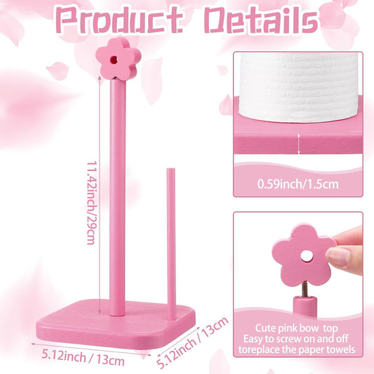 Leinuosen Pink Flower Paper Towel Holder Coquettish Cute Flower Wooden Paper Towel Holder Pink Bathroom Countertop Accessories Kitchen Roll Stand Organizer Standing Apartment Decor Housewarming Gift