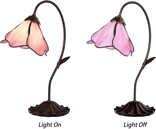 Bieye L10810 Flower Tiffany Style Stained Glass Table Lamp with 8-inch Wide Bent Glass Lampshade Lily Pad Base (1-Light, Pink)