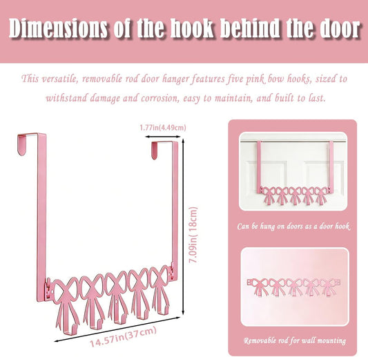 Pink Bow Bathroom Decor,Pink Bow Over The Door Hanger Organizer 5 Hooks,Door Hanger for Girls Hats Bags Clothes,Wall Mounted Towel Hanger for Bathroom,Kitchen,Room,Coquette Decor