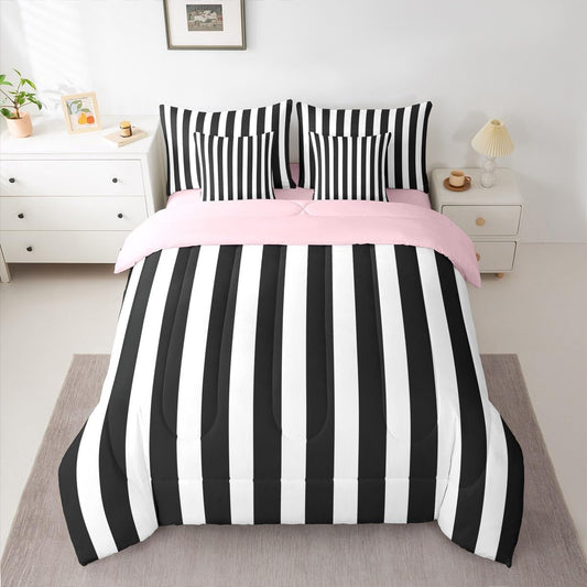 Erosebridal Black and White Striped Queen Comforter Set | Striped Bed in a Bag with Flat and Fitted Sheet Pink and Black 7-Piece Bedding Set for Kids Teens Adults Cute Pinstripe Girls Quilt Duvet Sets
