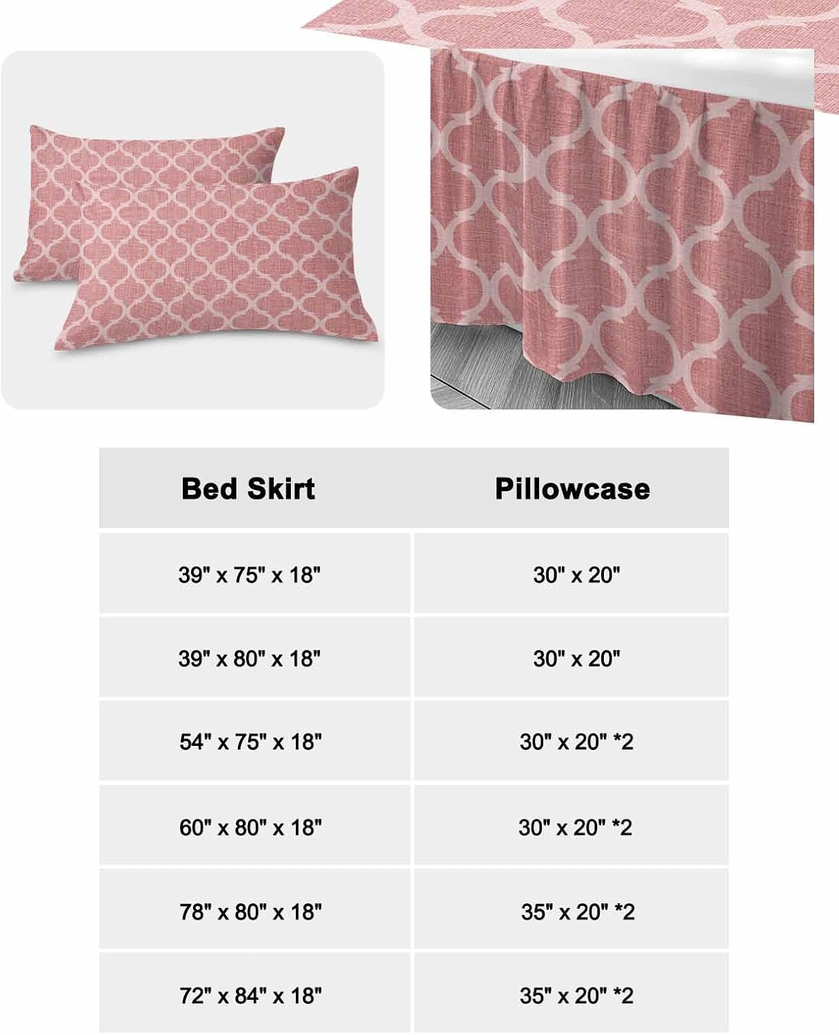 Bed Skirt for Twin Size Bed 18 Inches Drop Moroccan Texture Ruffled Bedding Sheet Sets Soft Bedspread Retro Peach Pink Linen Wrap Around Bed Skirt Sheet Set with 2 Pillowcases for Bedroom 39x75 Inch