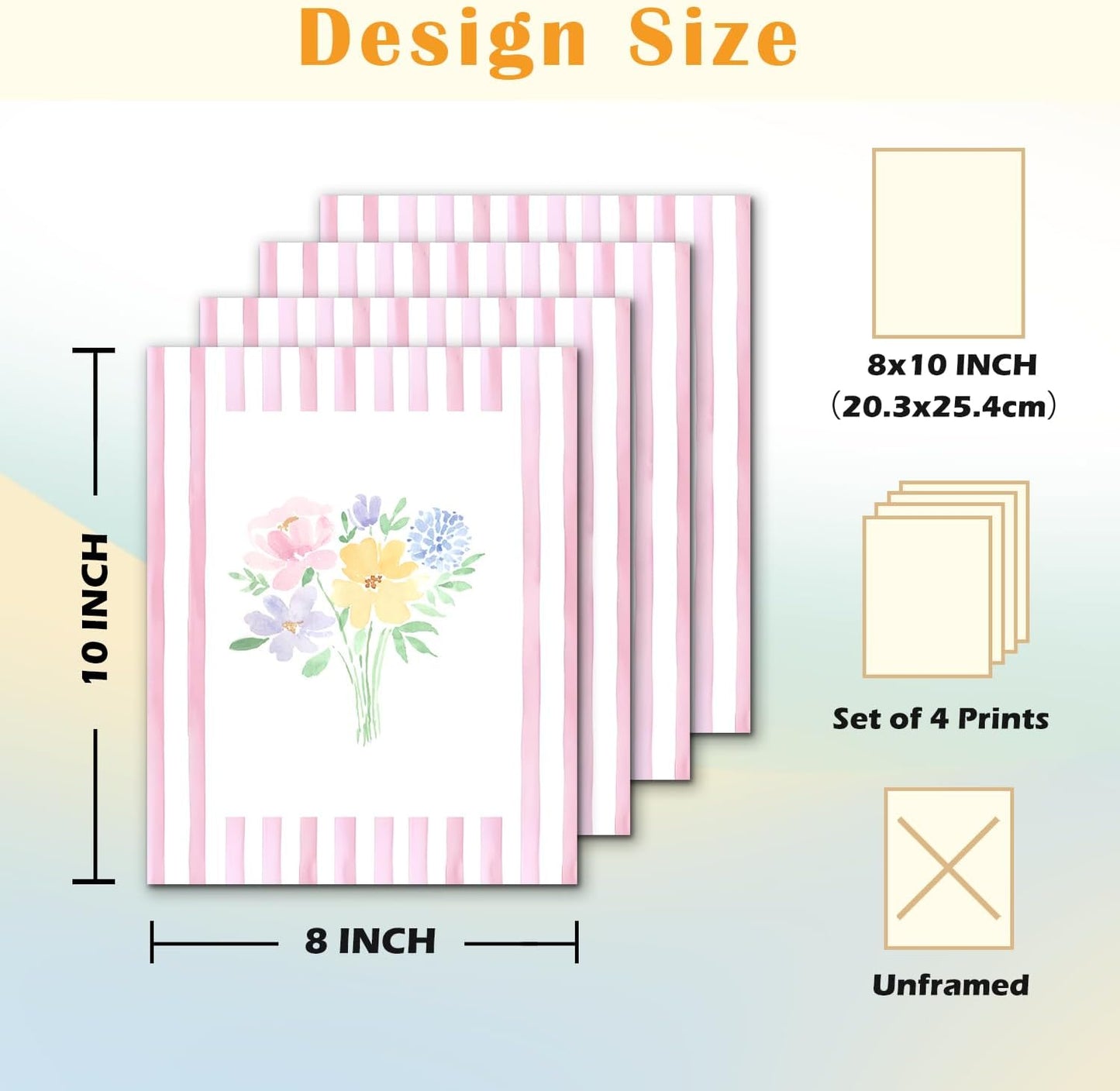 JINYO Preppy Pink and White Striped Floral Wall Art Prints Set of 4, Floral Room Decor, Pastel Rustic Wildflower Botanical Posters Pictures Wall Decor for Girls Bedroom Dorm, 8x10 Unframed