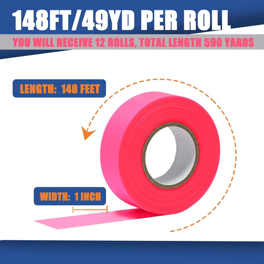 12 Pack Fluorescent Pink Flagging Tape, Non Adhesive Surveyors Tape, Neon Tree Marking Ribbon, Great Visual Labeling & Tagging for Home & Workplace Use, 1 in. x 150 ft