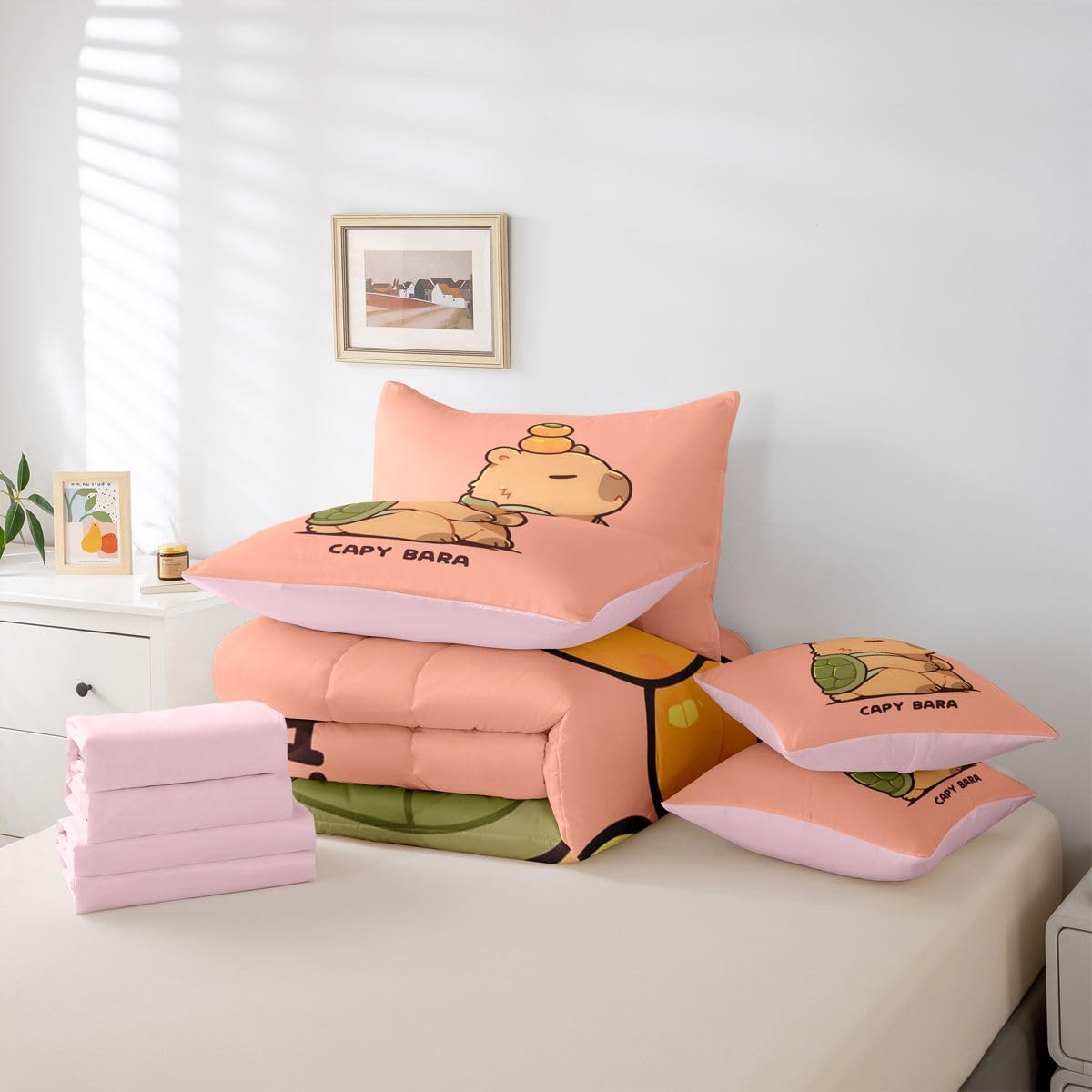 Manfei Cartoon Capybara Comforter Set 7 Pcs Turtle Shell Kawaii Kids Bed Set Lazy Cute Animal Bedding Twin with Comforter,Fitted Sheet,Flat Sheet,Pillowcases,Pillow Covers Twin Peach Pink