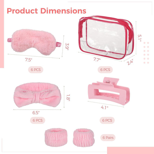 6 Sets Pink Party Favors, Sleepover Spa Party Supplies with Eye Covers, Headbands, Claw Clips, Wristbands and Cosmetic Bags, Slumber Party Accessories