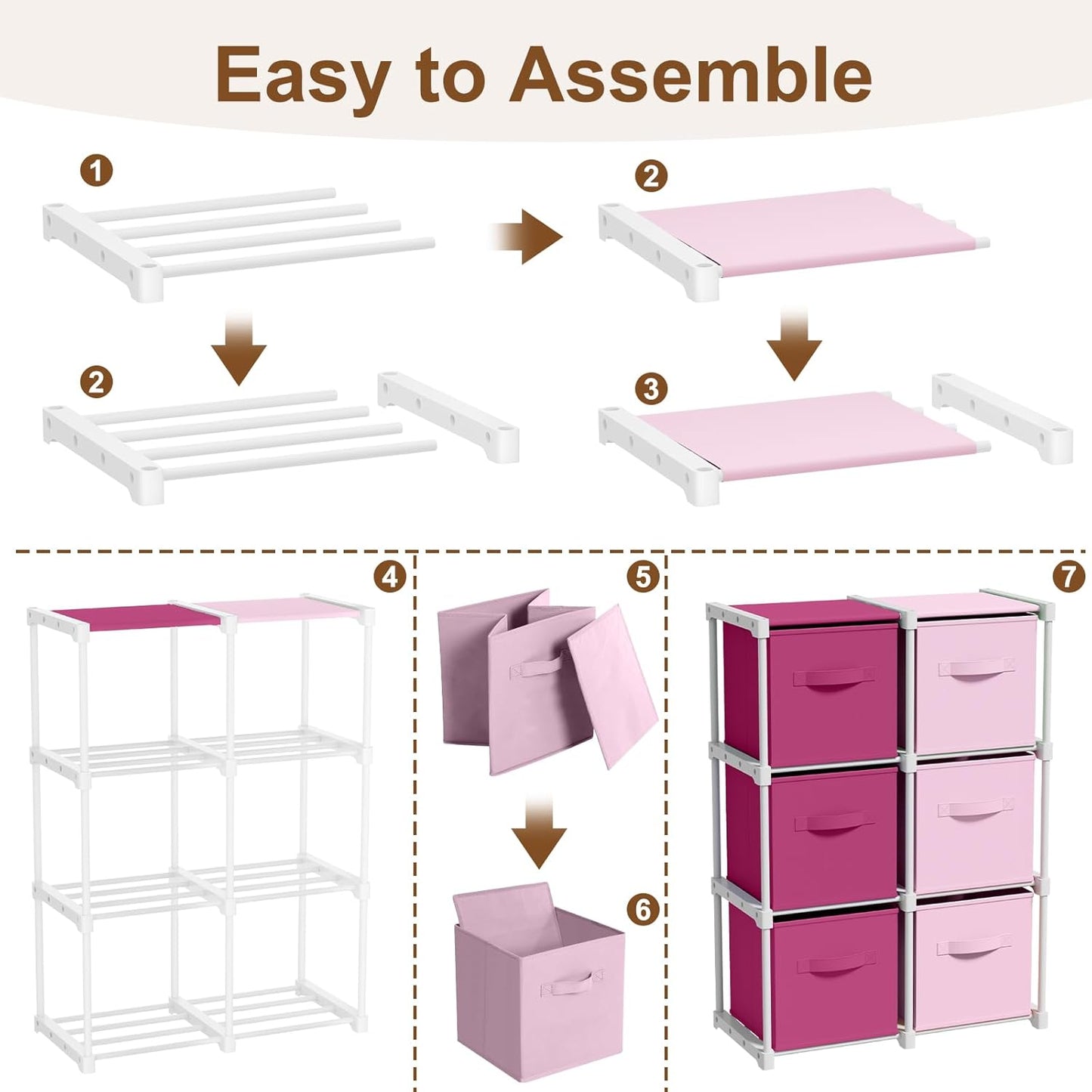 Briwooody 6 Cube Storage Organizer Bins with Shelf 11x11 Cabinet Drawer Dresser Closet Organizer and Storage Fabric Toy Boxes for Nursery Playroom Back to School Dorm for Clothes (Pink,Rose)