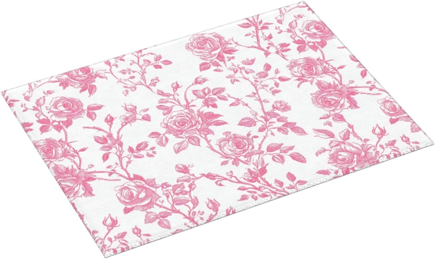 Pink Floral Rose Toile Pattern Dish Drying Mat For Kitchen Counter, Drain Rack Mat Microfiber Quick Dry Dish Pad