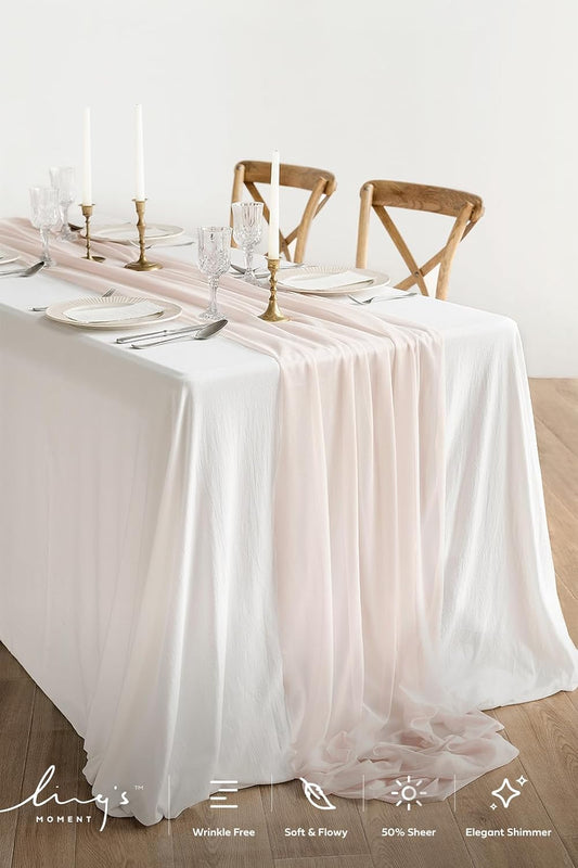 Ling's Moment 14Ft Blush Table Runner, Wedding Sheer Chiffon Table Runners | Silver Sparkle Dusty Pink, Rustic Boho Wedding Decor, Bridal Shower, Wedding Sweetheart Table Decor