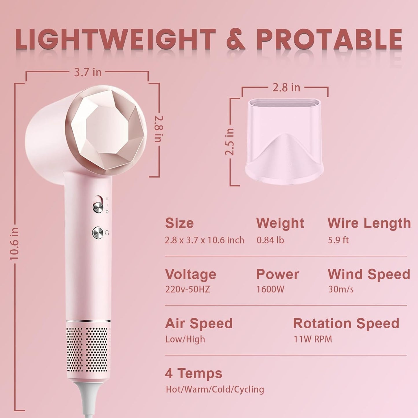 Hair Dryer, 110000 RPM High Speed Professional Hair Dryer, 2 Speeds and 4 Wind Temperatures, Fast Drying & Conditioning Hair Blow Dryer with Magnetic Nozzle for Home Travel Salon (Pink)