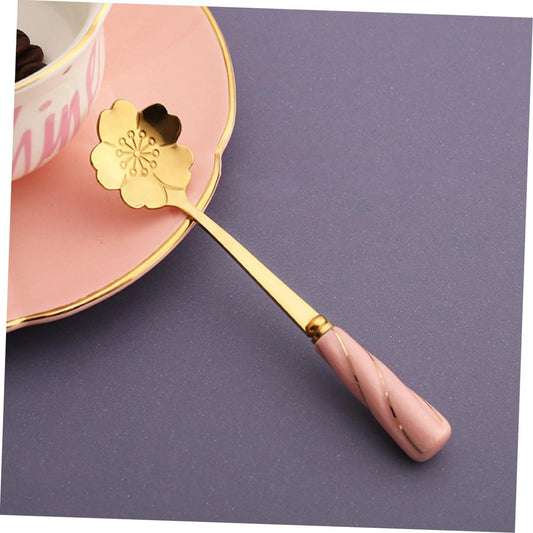 Mobestech 4pcs Dessert Spoons with Elegant Flower Ceramic Handles Creative Mixing and Cake Serving Utensils Stylish Pink Gold Design Practical for Coffee Tea and Beverages