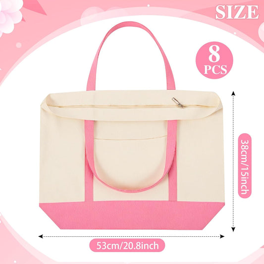 8 Pcs Large Canvas Tote Bags Bulk with Top Zipper Closure, Reusable Grocery Shopping Bags, Bachelorette Party DIY Gifts (21" X 15" X 6",Pink)
