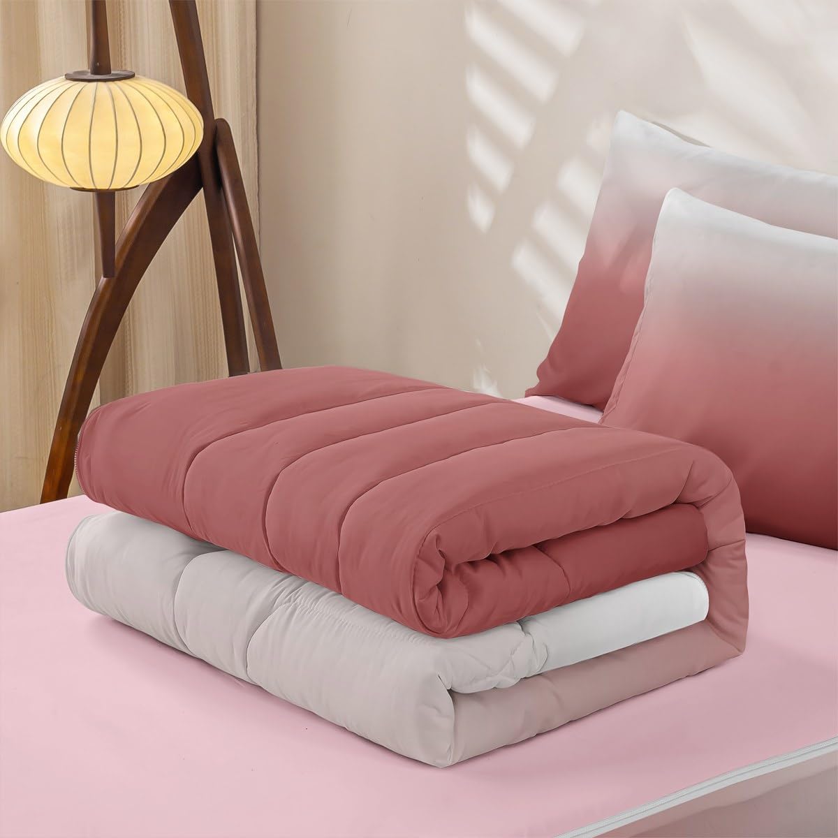 Erosebridal Peach Zip Up Bedding Set Twin Abstract Ombre Zipper Comforter Set with Sheets Pink Girl Bed in a Bag White Coral Gradient Modern Art Bed Sets with 2 Pillowcases
