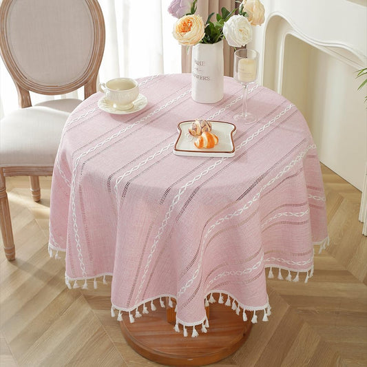 meioro Pink Rustic Table Cloth, Round 55" Textured Cotton Linen Fabric Tablecloth with Tassel, Valentines Day Farmhouse Table Cover Embroidery Stripe Round Tablecloths for Kitchen Dinning Party