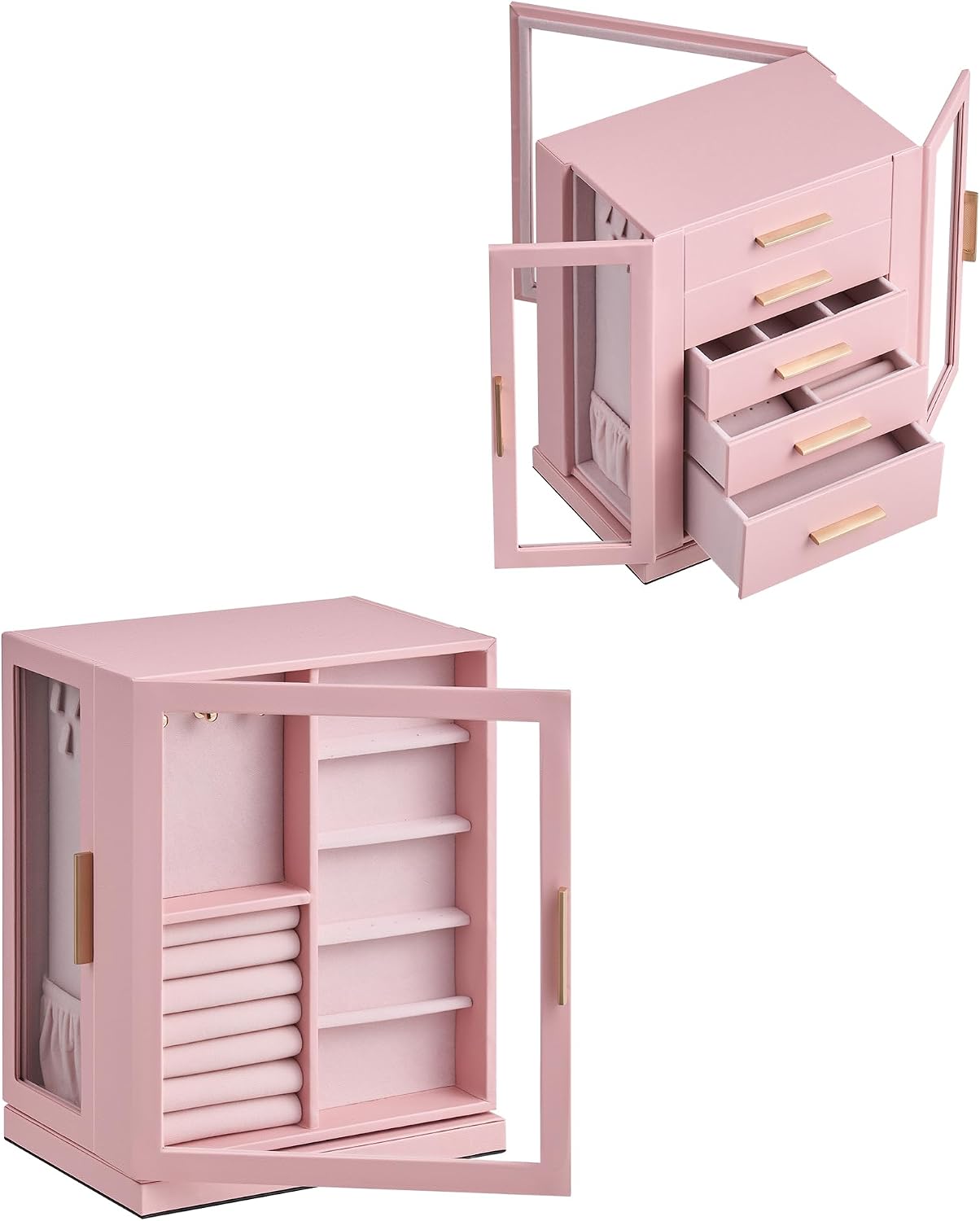 Glimmloop 360° Rotating Jewelry Box with 5 Drawers, Spacious Vertical Jewelry Organizer with Glass Window, Jewelry Storage Case, Dustproof & Moisture-resistant Design, Pink