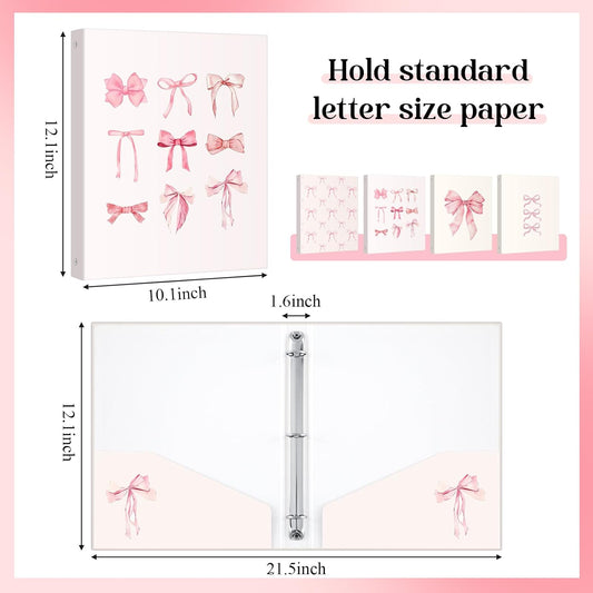 ReliThick 4 Pcs Letter Size Cute Bow 3 Ring Binder, 1 Inch Round Ring with Interior Pockets, Decorative Cute Binders, Clipboard Binder, Coquette School Supplies for School Office(Pink)