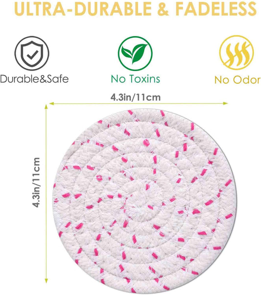 Drink Coasters 8 Pack with Holder, 4-Color Cotton Woven Absorbent Coasters Set, Minimalist 4.3in Cup Mat for Home Decor, Dining Table, Living Room, Tabletop-Protection for Coffee Beverage-Pink
