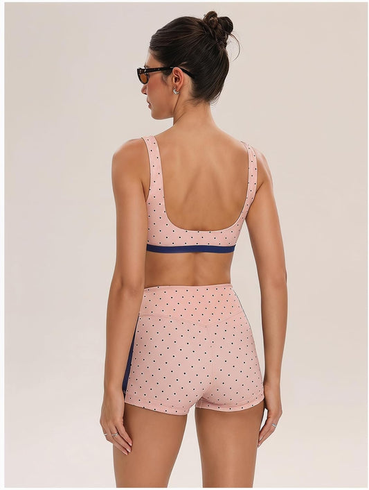 Milumia Women's Polka Dots Workout Set 2 Piece Color Block Bra Tank High Waisted Biker Shorts Layered Matching Yoga Outfit