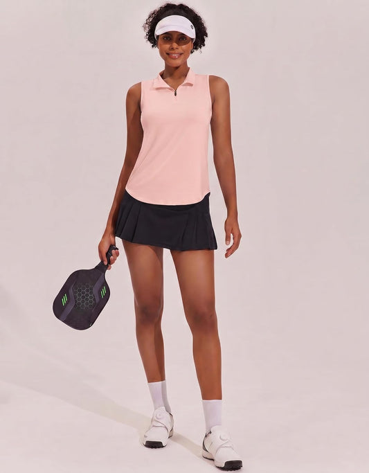 PINSPARK Women Golf Shirts Sleeveless UPF 50+ Tennis Polo Shirts 1/4 Zip with Collar Racerback Tank Tops Pickleball Shirts