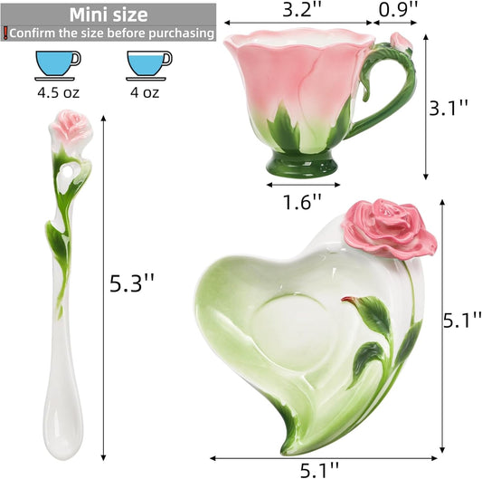 Cididu Pink Tea Cups with Saucer and Spoon, 4.5 Oz Small Ceramic Rose Flower Tea Cup Set for Women Girls, Hand Crafted Vintage Coffee Latte Mug, Fancy Teaware for Mother's Day, Birthday Gift, Wedding