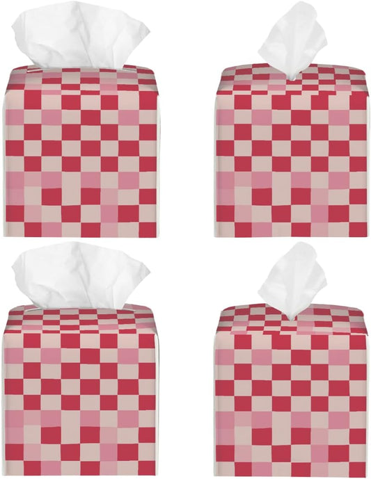 Beige Pink Checkerboard Pattern Tissue Box Cover Leather Tissue Box Case Holder Decorative Facial Paper Organizer for Car Bathroom Tabletop