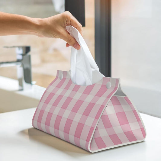 Pink Checker Striped Pattern Tissue Box Cover Rectangle Pu Leather Tissue Box Holder for Car Bathroom Bedroom Desk Tabletop Decor