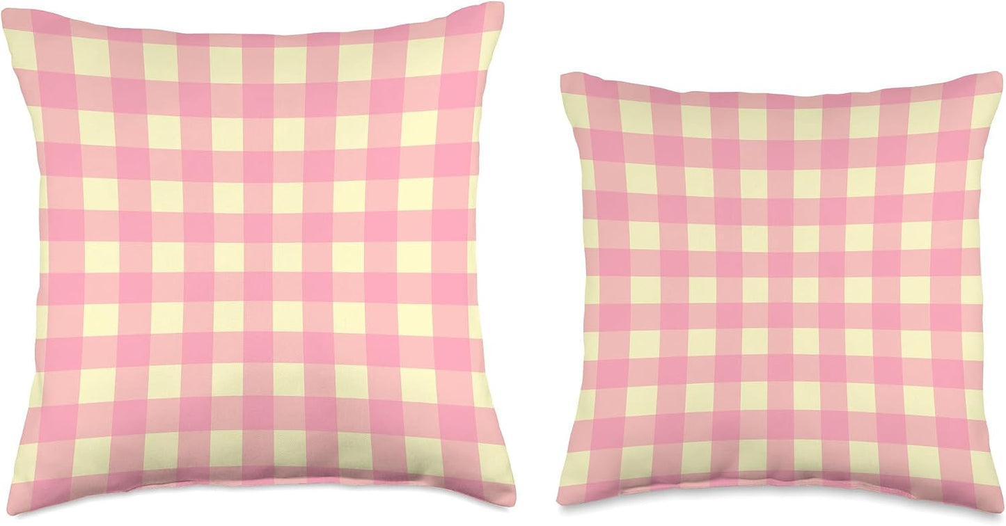 Cute Light Pink Yellow Plaid Gingham Check Checkered Pattern Throw Pillow