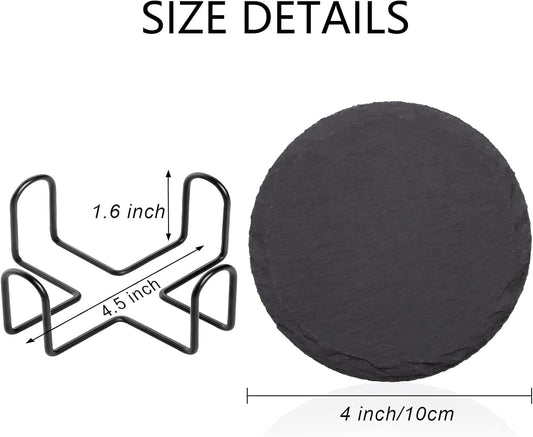 4 PCS Round Slate Drink Coasters Set, SIJDIEE 4 Inch Laser Engraving Black Slate Stone Coasters with Anti-Scratch Bottom and Coaster Holder for Office Bar Kitchen Home Dinner Table Decor Supplies
