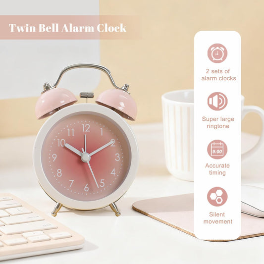 Twin Bell Alarm Clock, 5 inch Colorful Table Clock, Battery Operated Loud Alarm Clock with Night Light, Non-Ticking Desk Clock for Office Bedroom Bedside Decoration, Christmas Birthday Gifts (Pink)