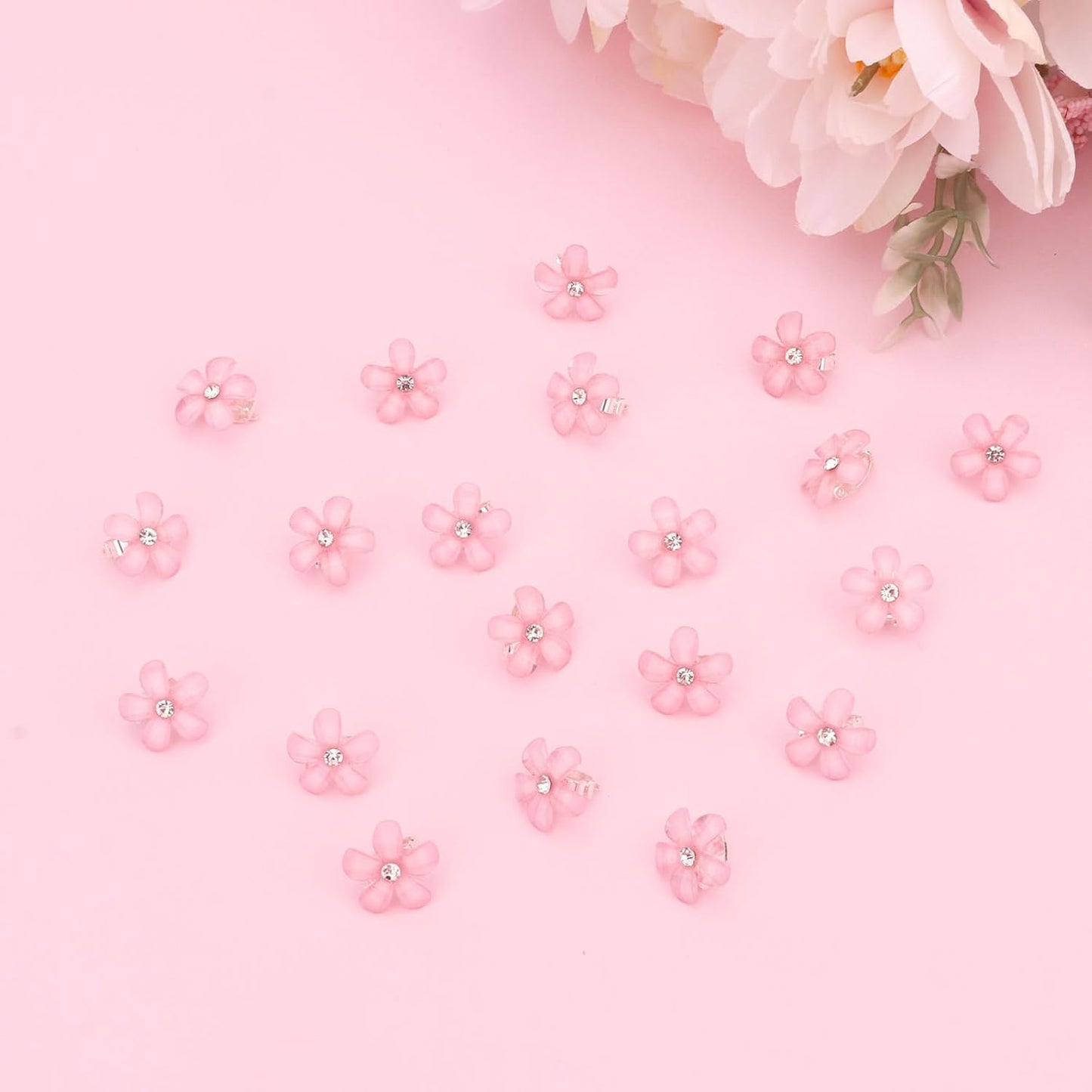 YISSION Mini Pink Flower Hair Accessories - 20Pcs Rhinestone Decorative Barrettes, Pins and Clips for Girls, Women, Weddings and Bridal Occasions
