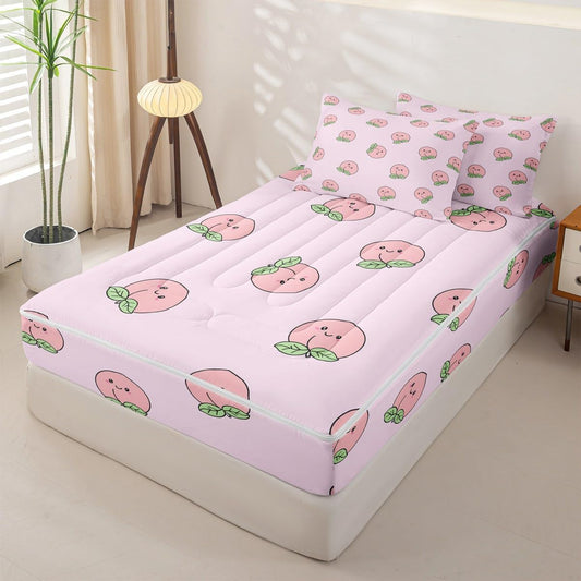 Erosebridal Pink Peach Zipper Bedding Set Twin Size Kids Kawaii Zippered Comforter Set Girl Lovely Cute Fruits Bed in a Bag Cartoon Fruit Food Comforter with Sheets