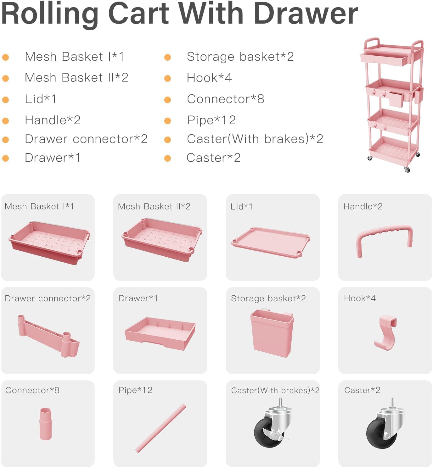 Sorgion 4 Tier Rolling Cart Organizer,Art Craft Diaper Bedside Snack Laundry Room Bathroom Organizer Narrow Thin Slim Rolling Trolley Utility Cart with Wheels for Kitchen,Office(Pink)