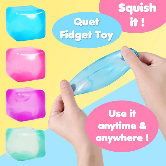 4pack Stress Cube Squishy Stress Balls for Adults Kids Fidget Toy for Your Best Mellow and Chill -Ice Cubes-Square Shape with Filling in Pink Blue Purple Green -Age 3 to Adult(4pcs Cube)