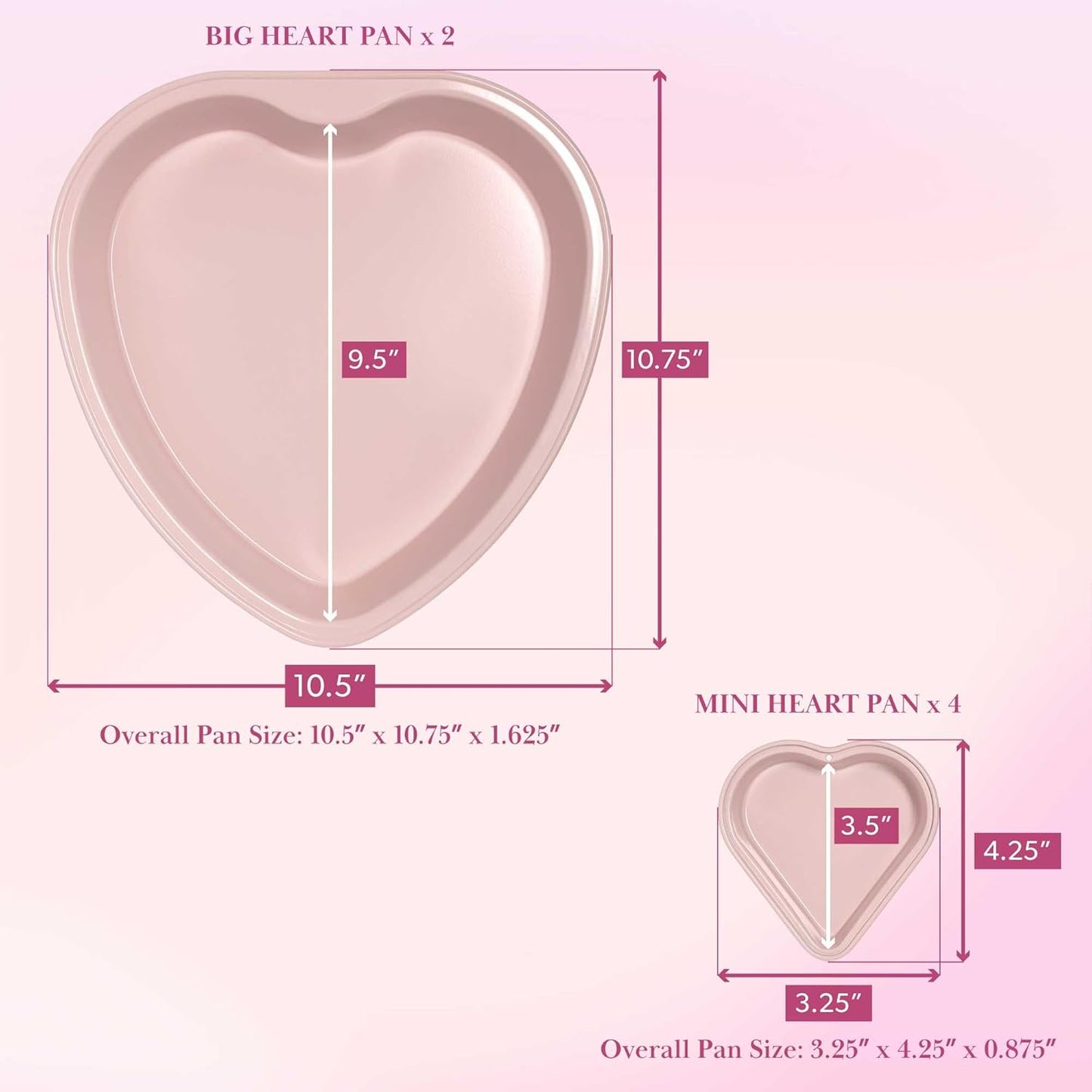 Paris Hilton Heart Shaped Nonstick Bakeware Set, Easy Release Carbon Steel, Includes two 9.5-Inch Pans and four Mini 3.5-Inch Pans, Dishwasher Safe, Made without PFAS or PFOA, 6-Piece Set, Pink