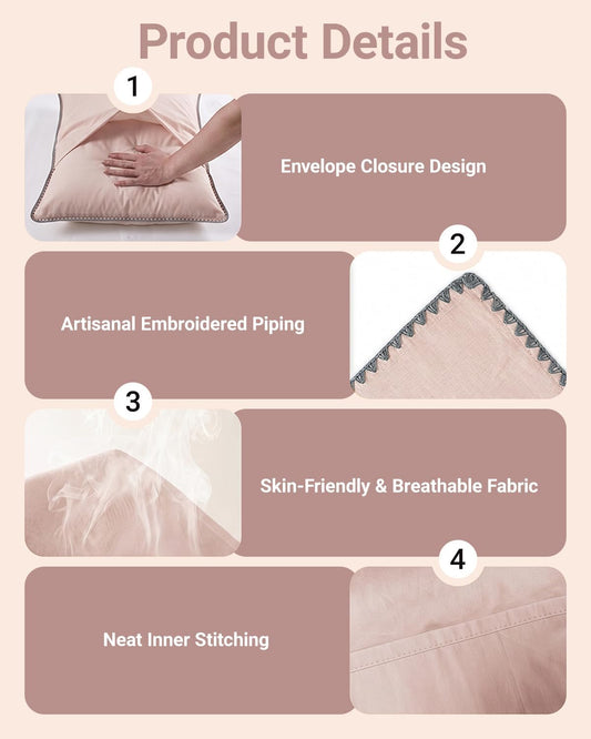 Q&J Fabric Co. 2 Pack Scalloped Edge Lace Standard Pillow Cases Luxury 400 TC 100% Washed Cotton Handmade Embroidery Dusty Pink 20x26 inch Envelope Closure for Bedroom Hotel French Vintage Decor