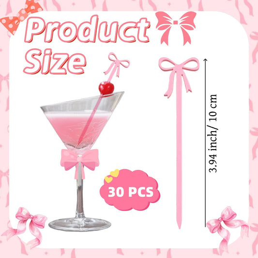 30 pcs Pink Bow Cocktail Picks, Cute Fruit Skewers for Party, Acrylic Bowknot Toothpicks for Appetizers Cake Drink Dessert Birthday Coquette Party Decorations