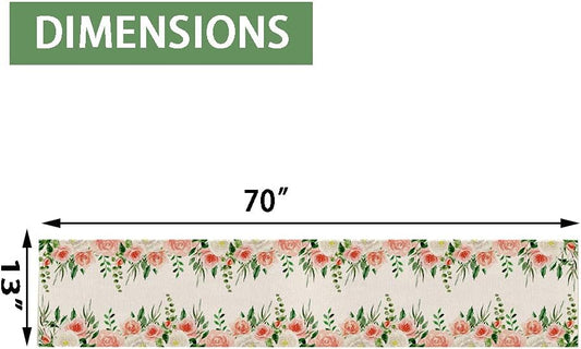 Watercolor Peach Floral Table Runner, Seasonal Summer Greenery Wreath Holiday Kitchen Dining Table Decoration for Home Party Decor 13 x 70 Inch