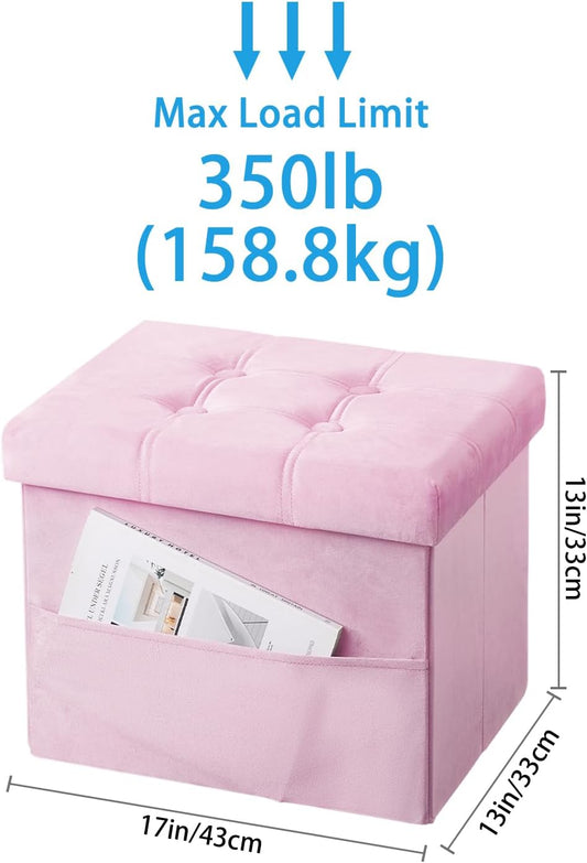 Storage Ottoman Foot Stool, 17 inches Folding Ottoman with Storages, Velvet Storage Bench with Side Pocket, Foot Rest for Living Room, Bedroom (Pink)
