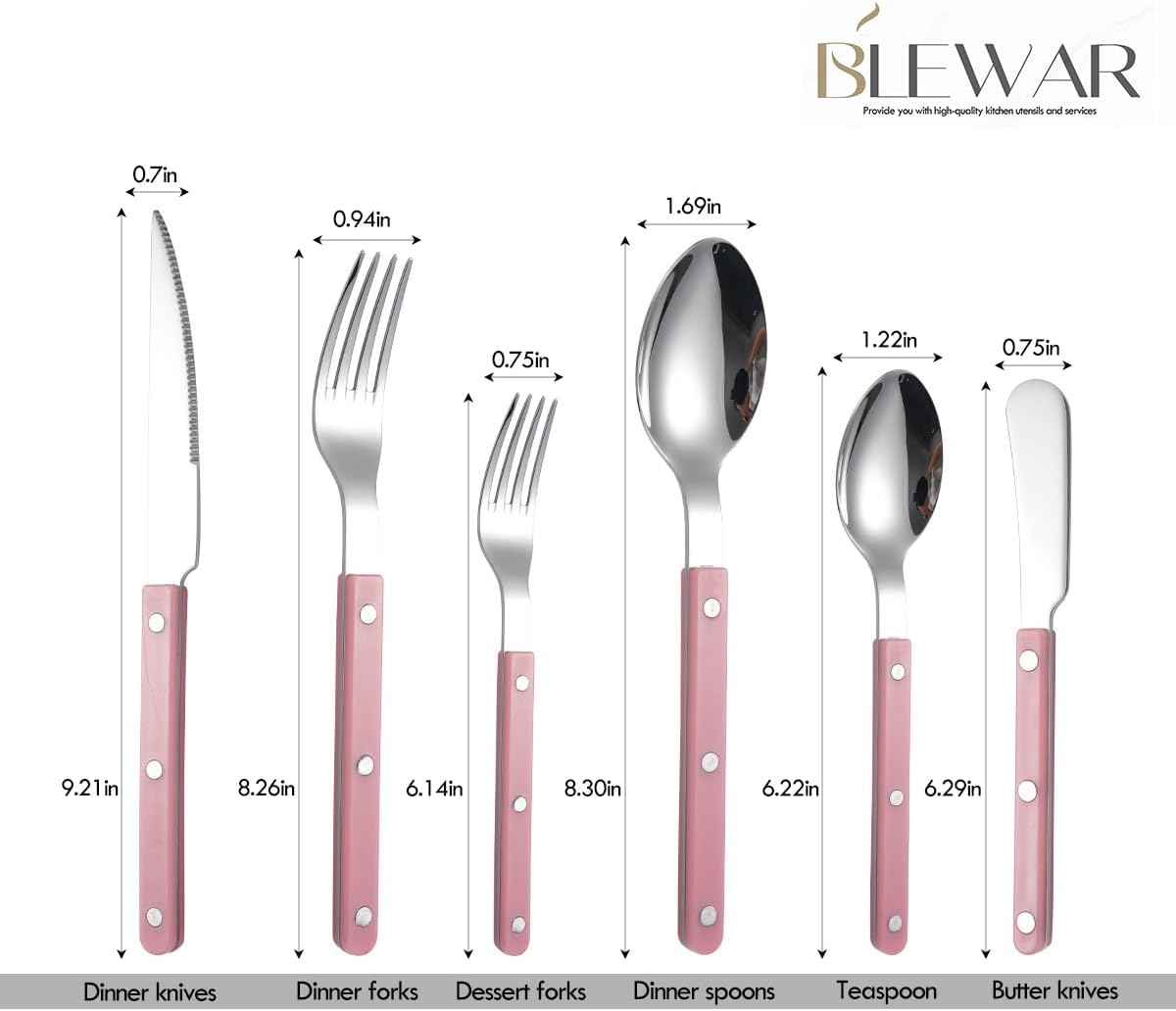 Pink-Color Handle Silverware Set - 6-Piece Stainless Steel Flatware with Steak Knife, Fork, Spoon, Teaspoon, Dessert Fork and Butter Knife - Elegant Tableware Cutlery for Dining (Pink)