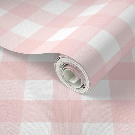 Peel & Stick Wallpaper Swatch - Pastel Pink Plaid Country Gingham Farmhouse Chic Classic Buffalo Check Cottagecore Custom Removable Wallpaper by Spoonflower