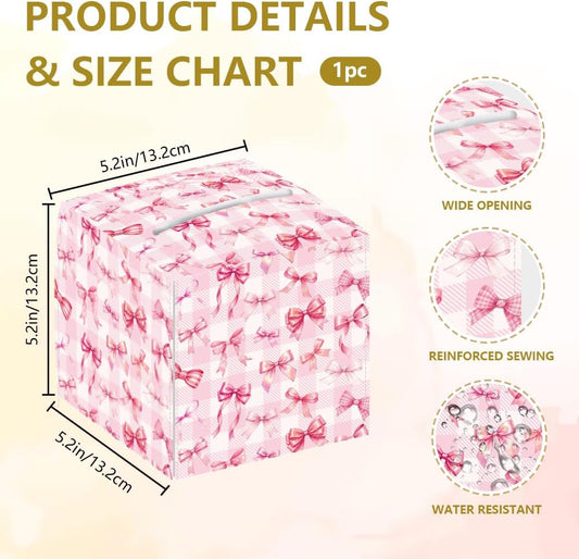 Pink Bow Tissue Box Holder Leather Square Foldable Facial Paper Decorative Tissue Box Cover Paper Towel Case Container Organizer for Tabletop Bathroom Nightstands Home Kitchen Car Office