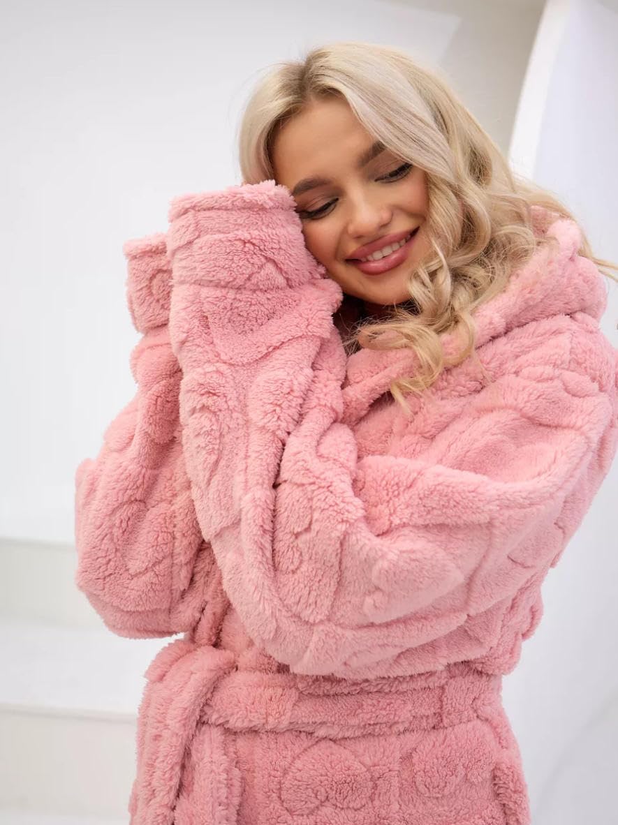 Womens Plush Hooded Robe Heart Long Fleece Bathrobe with Belt and Pockets Loungewear Cozy House Coat