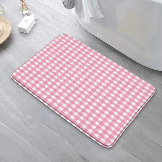 Checkered Bath Mat Pink Cute Retro Vintage Buffalo Plaid Aesthetic Classical Geometric Country Bathroom Rug Microfiber Memory Foam Shower Mat Kitchen Bath Floor Rugs, 16x24 Inch