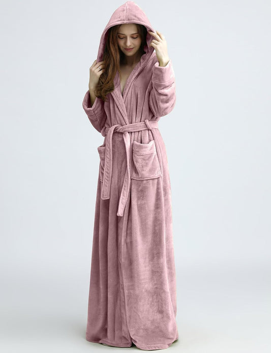 Flygo Womens Fuzzy Plush Long Hooded Robe Full Length Flannel Fleece Bathrobe Warm Housecoat