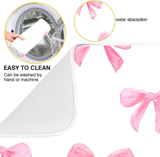 Light Pink Bows Watercolor Dish Drying Mat Absorbent Dishes Drainer Rack Mats Microfiber Reversible Dish Drying Pad Fast Dry Kitchen Accessories 16x18in For Kitchen Counter