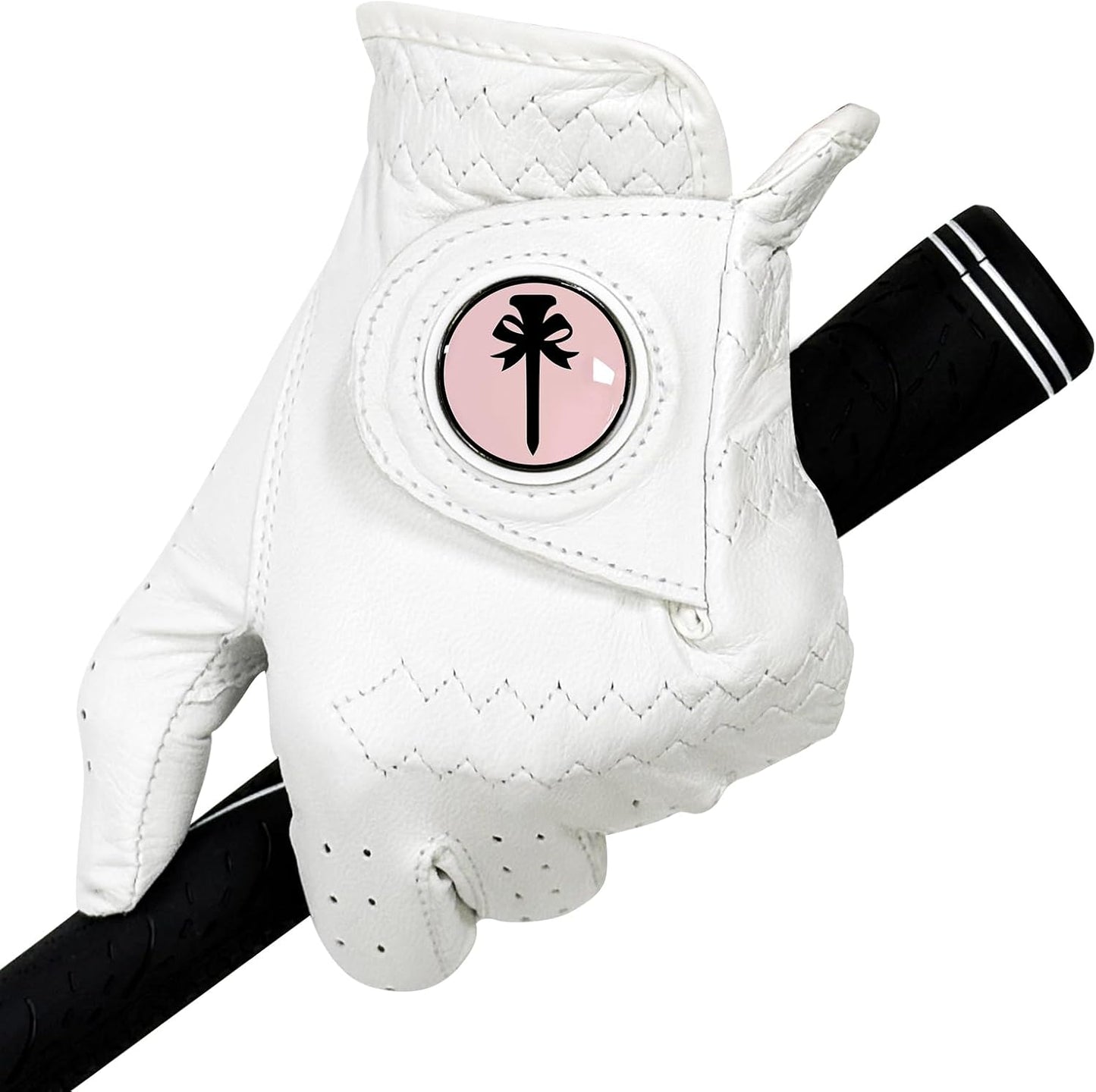 PINKTEE Women's Golf Glove Left Hand Ladies Pink Cabretta Leather Golf Gloves with Removable Magnetic Ball Marker Full Finger