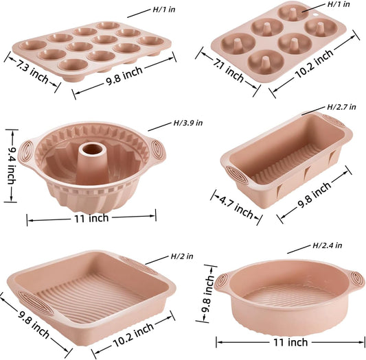 Nonstick Silicone Bakeware Set, 6 set Baking Cake Pan, Economical BPA Free Heat Resistant Bakeware Tools for DIY Loaf Bread Cheesecake Pizza Cupcake Muffin (Pink)
