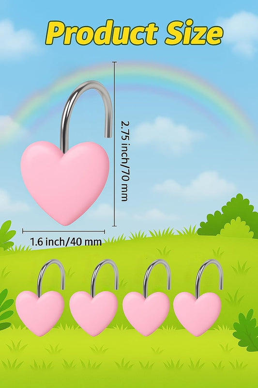 12PCS Decorative Heart Shower Curtain Hooks - Cute Pink Bathroom Accessories, Non-Rust Metal Hooks for Shower Curtain Rings, Easy Install Bathroom Decor for Women, Girls, Kids Room