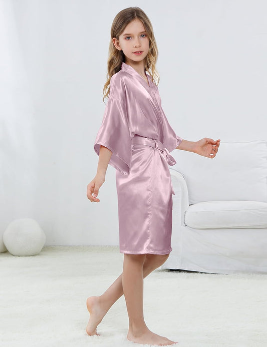 Girl's Kid's Silky Satin Solid Color Short Kimono Robe for Wedding Birthday Party Spa
