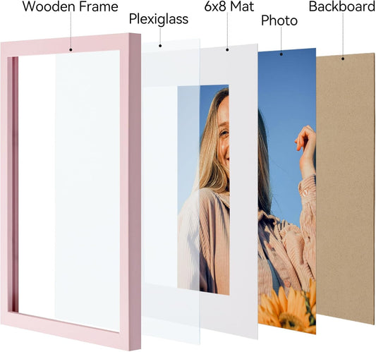 Vittanly 8.5x11 Picture Frames Set of 4, Display Pictures 6x8 with Mat or 8.5x11 without Mat, Gallery Wall Frame Set for Wall Mounting, Engineered Wood with Shatter Resistant Plexiglass, Pale Pink